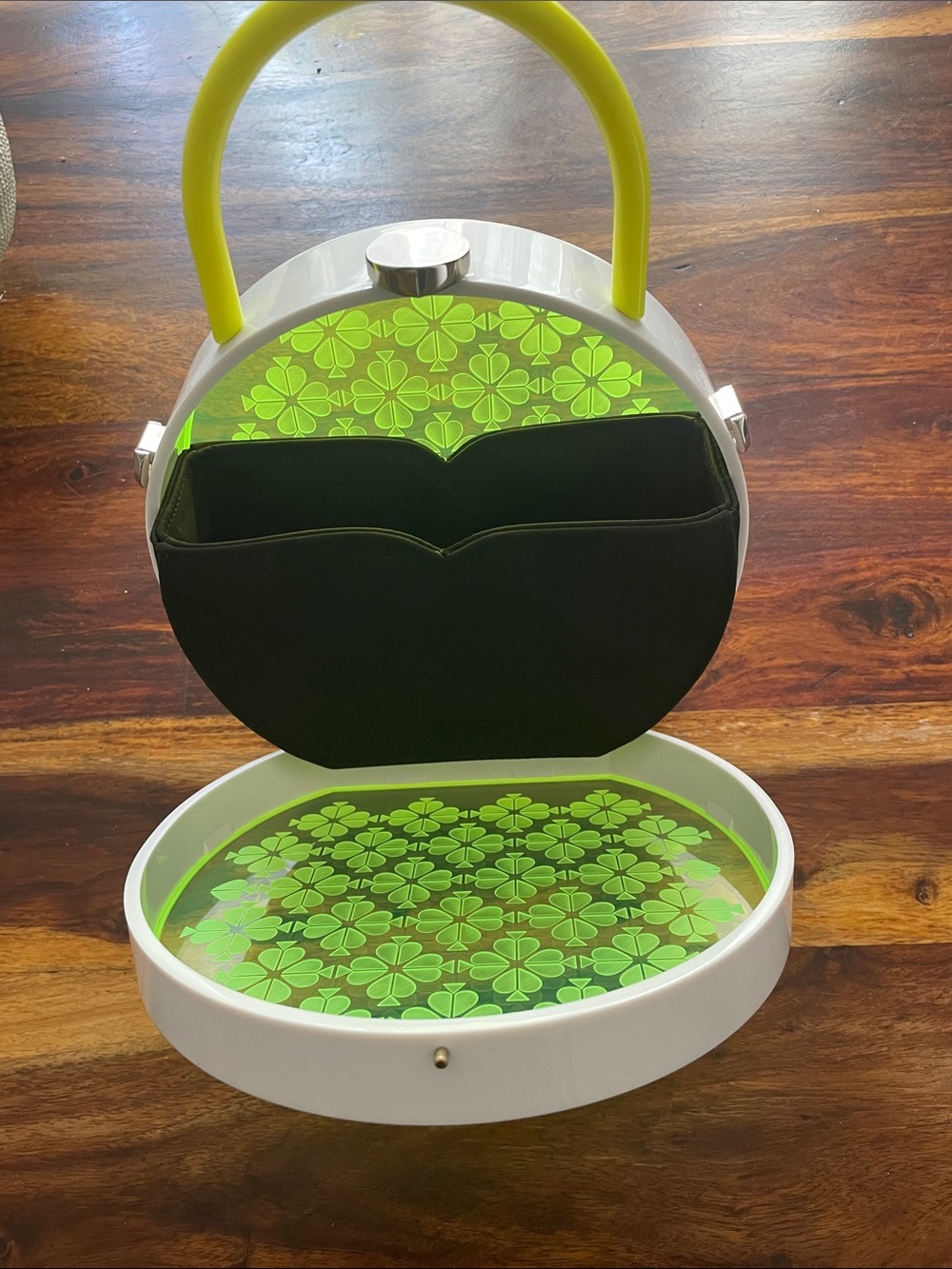 Kate Spade Green Floral Pattern Round Acrylic Tote with Yellow Handle - Picture 4 of 7